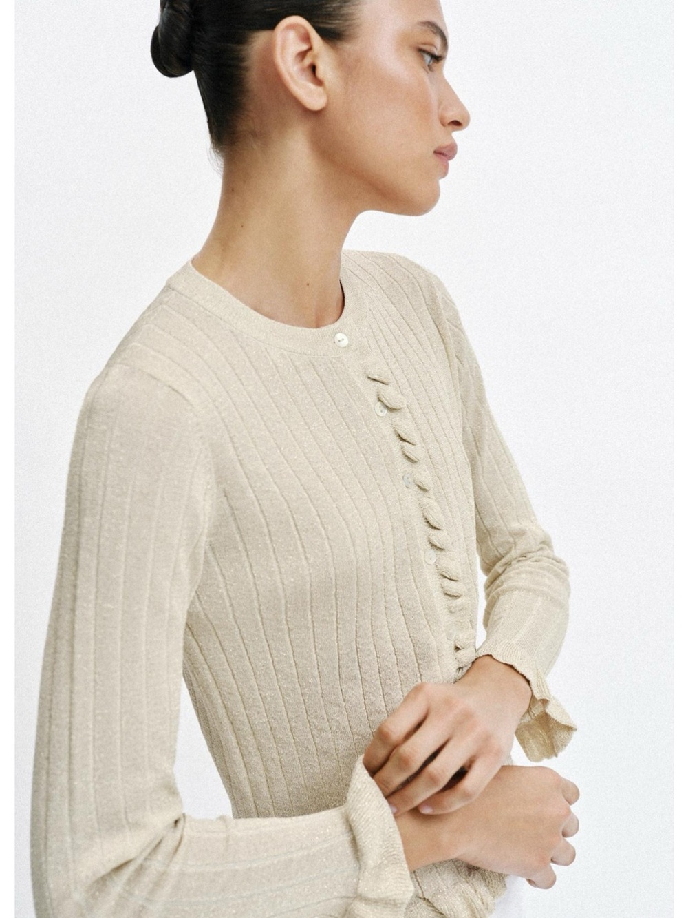 Zara Cream Ribbed Button-Front Cardigan